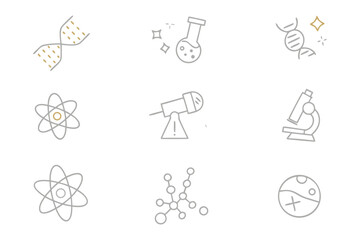 Scientific Icons: A captivating arrangement of science-themed illustrations, ranging from the double helix and atom, to a flask, a telescope and microscope. 