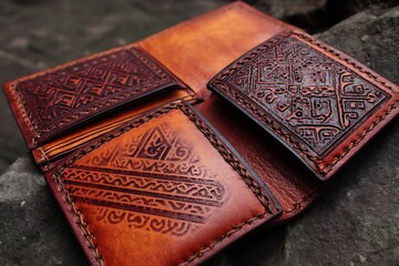 Close up of intricately carved leather wallet with geometric patterns and traditional tribal designs