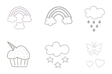 Whimsical Sketch Collection: A set of delightful line drawings, including a rainbow, clouds, cupcake, stars, and butterfly, ideal for adding a touch of fantasy to any creative project.