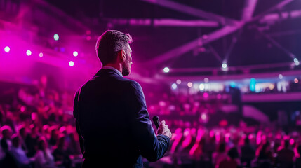Energetic public speaker on stage addressing captivated audience under dynamic pink and purple spotlights at professional convention or concert