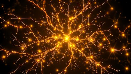 Golden neural network intertwined with gut microbiome, resembling celestial connections.