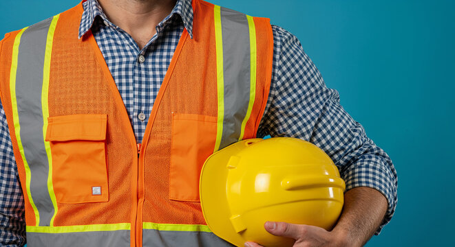 Close-up of a light-skinned man in safety vest holding a yellow hard hat against blue background.
