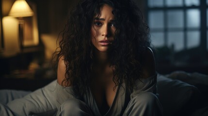 Naklejka premium Young woman with curly hair, wearing soft pajamas, sits on a bed in a dimly lit room, conveying a sense of contemplation and emotional depth in a cozy atmosphere