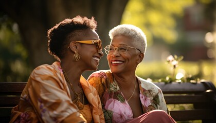 Two African American women, smiling and enjoying each other's company, are seated on a park bench surrounded by greenery, capturing a joyful moment of friendship and connection