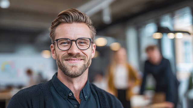 Smiling Professional: Confident man with glasses in a modern office setting. Displays warmth and approachability in a business environment.