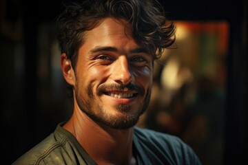 Obraz premium Smiling man with tousled hair and beard, wearing casual green shirt, poses warmly in a softly lit environment, showcasing a friendly and approachable demeanor