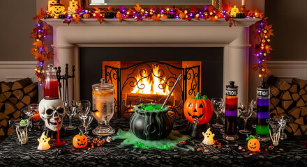 Obraz premium Halloween themed table setting with fireplace backdrop and spooky decorations on a black lace tablecloth ai generated