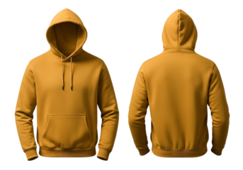 Front and back view of a mustard yellow hoodie isolated on transparent background