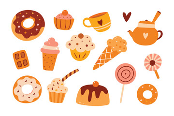 Sweet Assortment: A delightful array of sweet treats, including donuts, cupcakes, ice cream cones, and lollipops, arranged to evoke a sense of whimsy and indulgence. 