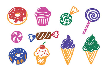 Colorful Candy Assortment: A vibrant collection of hand-drawn, delightful sweets, from luscious donuts to swirly lollipops, promising a treat for every palate and sparking pure joy!