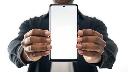 Person holding a smartphone with a blank white screen towards the viewer