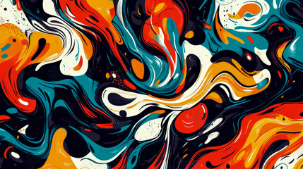 Dynamic Abstract Marbled Art Pattern with Vibrant Red, Teal, Orange, and White Swirls on Dark Background, Evoking Fluid Motion and Energy