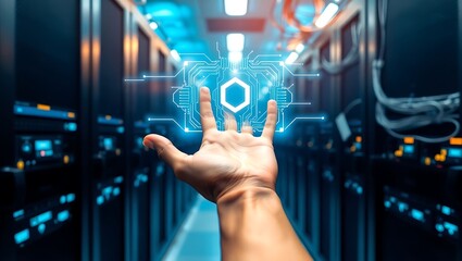 A hand reaching towards a digital interface in a server room with blue lights and technology