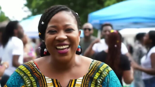 A joyful African woman in colorful traditional attire laughing and smiling at an outdoor cultural festival