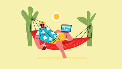 Man in a Hawaiian shirt relaxing and working in hammock with a laptop and coconut drink. Remote work in a tropical location, digital nomad lifestyle. Colorful flat vector illustration. 