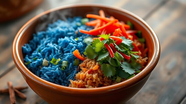 Colorful nasi kerabu in a terracotta bowl, blue rice contrasting with fresh herbs and aromatic spices.