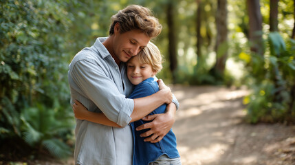 Fototapeta premium Father and Son Embracing in a Forest Park with Sunlight