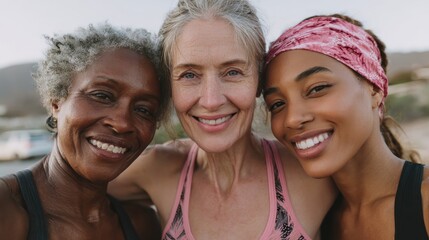 happy multi generational women having fun together multiracial friends smiling on camera after sport workout outdoor main focus on african female face no logos no brands ar 169