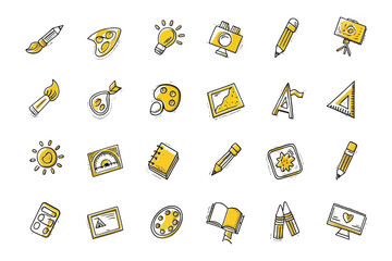 Artistic Icon Array: A collection of artistic icons, representing creativity and design tools, arranged in an appealing, photorealistic format