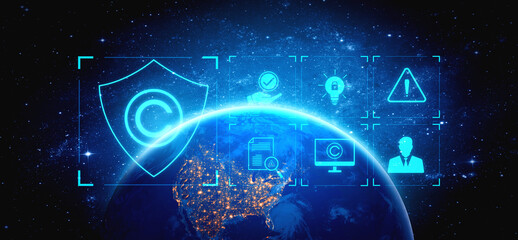 Digital copyright protection system showing secure ownership, intellectual property rights, content verification, and legal warning icons for creators and publishers Vouch