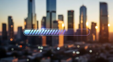 futuristic loading bar interface overlay on blurred modern city skyline during sunset.