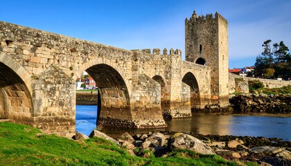 Obraz premium Ancient stone bridge over a river, with a tall tower