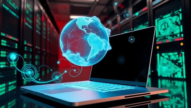 A laptop with a glowing globe in a server room representing global data and network connectivity