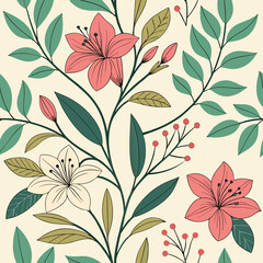 Elegant Red and Cream Floral Pattern &ndash; Botanical Line Art Illustration