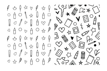 Doodle pattern on background: Two whimsical doodle patterns with a variety of freehand elements creating seamless background with cute shape.