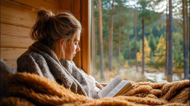 Young woman reading in a cozy forest cabin, unplugged from technology