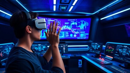 Person wearing vr headset in futuristic room with multiple screens displaying data and graphs shown