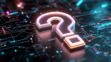 Glowing neon question mark signifies digital inquiry amidst futuristic circuit board technology with vibrant bokeh lights