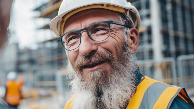 A man with a white hat and glasses is smiling at the camera. He is wearing a yellow vest and he is a construction worker