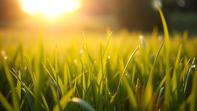 A tranquil sunrise over a lush green field, dewdrops glistening like tiny jewels in the morning light.