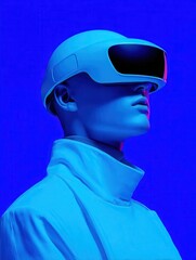 a futuristic figure wearing advanced virtual reality goggles against a vibrant blue background the image embodies innovation and the future of technology in immersive experiences