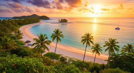 Vibrant Summer Beach Paradise Golden Sunset over Tropical Ocean, Palm Trees, and Azure Waters - A Scenic Summer Pic