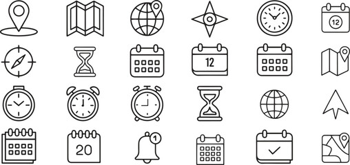 Location, time and date line icons set. Map, clock, calendar, navigation. editable stroke. vector illustration