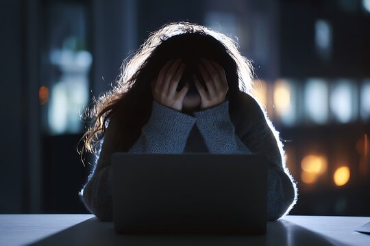 Overwhelmed woman feeling stressed with laptop at night, showcasing burnout and need for digital detox and work-life balance concepts