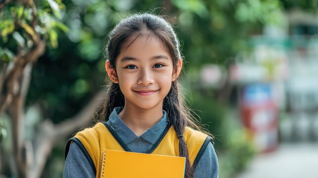 smiling student girl wearing school backpack and holding exercise book portrait of happy asian young girl outside the primary school closeup face of smiling hispanic schoolgirl looking at camera no l