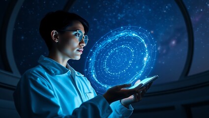 Woman in lab coat holding phone with a glowing blue digital sphere overlayed on the screen in dark room
