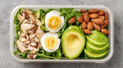 Healthy keto lunchbox with avocado, boiled eggs, chicken, almonds, and fresh greens in meal prep container
