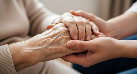 Close up of two hands holding each other one elderly wrinkled hand is gently clasped by a younger hand showing compassion and care for elderly people