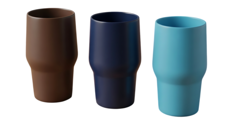 Three stylish tumblers in brown, blue, and turquoise hues stand on a black surface.