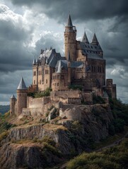 Fototapeta premium imposing medieval castle set against a dramatic sky showcasing architectural grandeur and historical significance