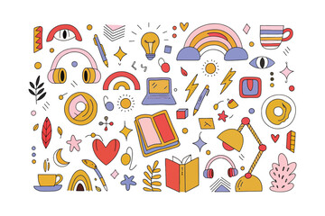 Creative Doodle Illustration: A vibrant doodle illustration with a collection of hand-drawn elements including books, rainbows, and a laptop, perfect for creative projects and designs.