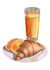 Watercolor illustration of traditional french breakfast. Crispy croissant with fresh orange juice.