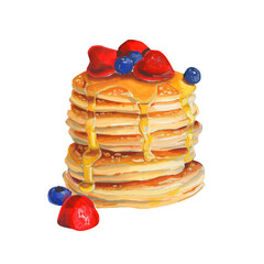 Watercolor food illustration. A stack of pancakes with strawberry jam, blueberry and honey sauce