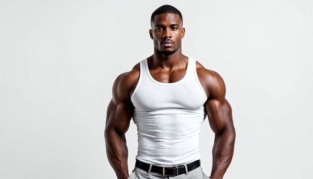 Fashion portrait of muscular African American man in white tank top and trousers on white background.
