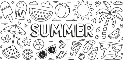 Summer Doodle Illustration – Beach, Sun, Watermelon, and Vacation Vector Illustration