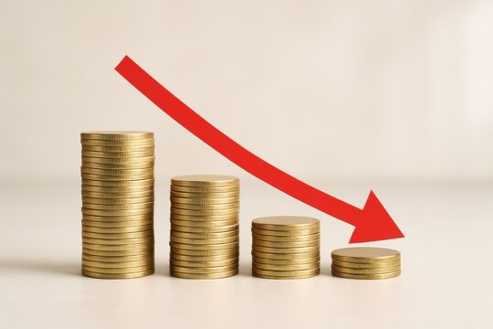 Economic Downturn: Stacks of coins dwindle under a descending red arrow, symbolizing financial decline, loss, or shrinking values. It tells a stark story of economic challenges. 